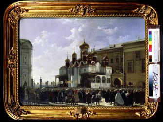 Påskprocession vid Maria Annunciation-katedralen i Moskva. Målning av Karl Petrovich Bodri (1812-1894). Olja på duk, 61 x 85 cm