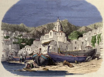 Utsikt över Positano i Italien i slutet av 1800-talet efter Girardet.
