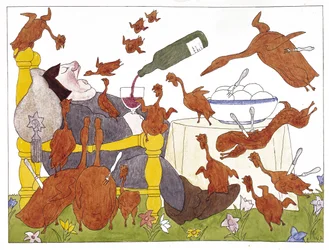 Illustration ur "Schlaraffenland" av Hans Sachs (1494-1576) (penna  bläck och akvarell på papper)