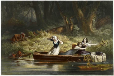 Capture of the Daughters of Daniel Boone och Richard Callaway av indianerna, pub. 1852 (färggravyr)