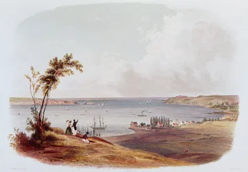 Entré till Bay of New York, Staten Island, graverad av Salathe (färg litho)