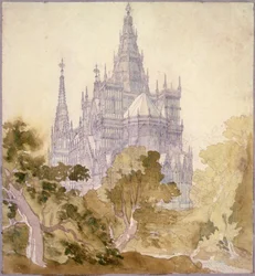 Ett skogslandskap med en gotisk kyrka (penna, bläck och akvarell)
