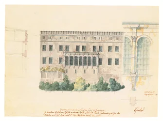 En design för ett nytt trapphus för norra fasaden på slottet i Stettin, med en delstudie av loggian, ett tvärsnitt av fasaden och en engagerad pilaster, ca 1840 (penna, penna och bläck och