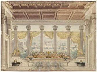 Alexander och Darius. Sorgespel av Friedrich von Uechtritz. Förslag till den 4:e dekorationen. Öppen hall