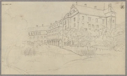 Vy över ett slott med renässansgavlar i Schlesien eller Böhmen