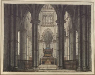 Axel och Walburg. Sorgespelet av Adam Oehlenschläger. Utkast till en dekor. Interiör av en gravkyrka
