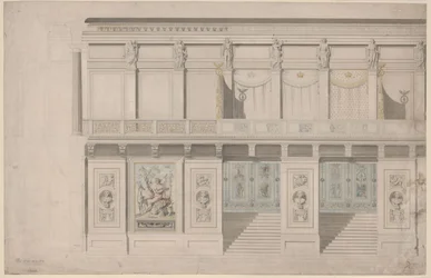 Berlin. Schauspielhaus på Gendarmenmarkt, konsertsal. Uppställning av långväggen