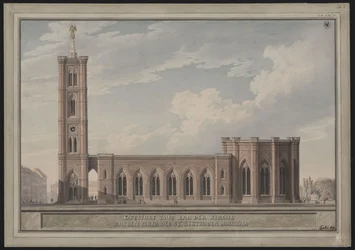 Berlin, Spittelmarkt. Förslag till Sankt Gertruds kyrka. Exteriörvy