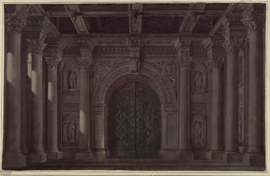 Bruden från Messina. Sorgespel av Friedrich Schiller. Utkast till den 1:a och den sista dekoren. Hall med kolonner och portal