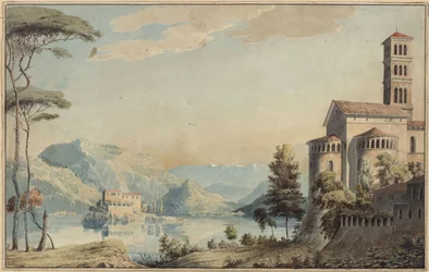 Dekoration för allmänt bruk. Landskap med sjö och kyrka