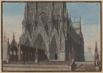 Jungfrun från Orléans. Sorgespel av Friedrich Schiller. Utformning för den 9:e dekorationen. Fasaden på katedralen i Reims