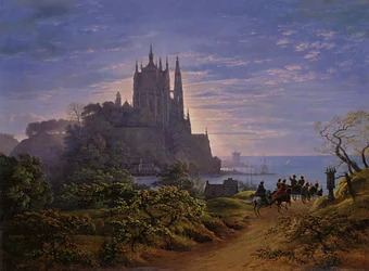 Gotisk kyrka på en klippa vid havet