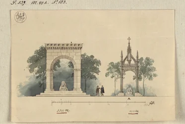 Lützen. Förslag till ett monument över kung Gustav II Adolf av Sverige som en på fyra sidor öppen arkadhall och som ett tabernakel över den svenska stenen