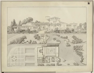 Potsdam-Sanssouci. Romerska bad vid Charlottenhofs slott. Vy från väster och planritning över trädgårdsmästarens hus