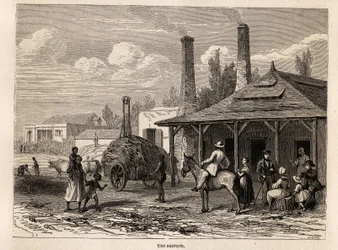En sockerfabrik från Riviere du Rempart, i Mauritius, ritning av Karl Girardet (1813-1871), för att illustrera Alfred Verneys vistelse på Mauritius 1861. Gravyr i "" Le tour du monde", redigerad av Edouard Charton