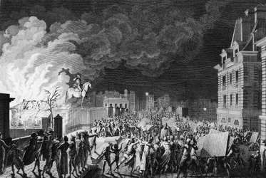 Först av den franska revolutionen: Brand av vaktkåren på Pont Neuf i Paris den 29 augusti 1788. Teckning och gravyr av Girardet. Paris, biblioteket vid Institutet för revolutionshistoria