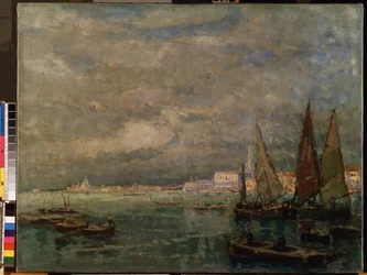""Utsikt över segelbåtar i Venedigs lagun"" (Blick auf Venedig mit Segelbooten). Målning av Karl (Carl) Hagemeister (1848-1933) 1926 Mått 51x71 cm Mikalojus Konstantinas Ciurlionis Fine Arts Museum, Kaunas, Litauen