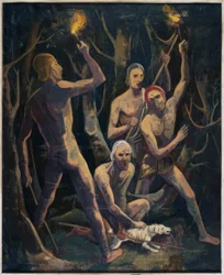 Män med facklor i skogen