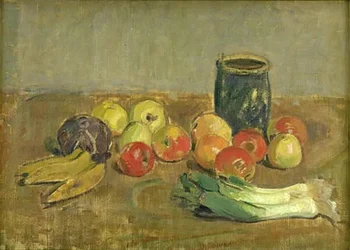 Fortfarande liv. Äpplen, purjolök, bananer och grön burk