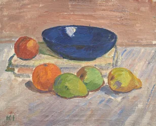 Stilleben med blå skål och frukter