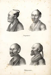 Byster av japanska män med chonmage topknotfrisyr och kinesiska män med skägg, en med pigtail. Litografi av Karl Joseph Brodtmann ur Heinrich Rudolf Schinz
