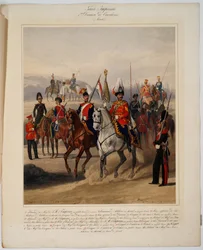 Garde imperiale: 1ere division de cavalerie - Soldiers of the 1st Guard Cavalry Division of the Russian Imperial Guard - Piratsky, Karl Karlovich (1813-1889) - 1867 - Färglitografi - 56x45 - Privat samling