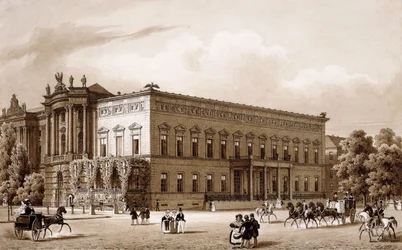 Unter den Linden, Berlin. Prins Wilhelms palats, byggt av Karl Langhans 1834-36, och Kungliga biblioteket, byggt av Georg Christian Unger 1775-78 enligt ritningar av Josef Emanuel Fischer von Erlach, med utsikt över Platz am Opernhaus,