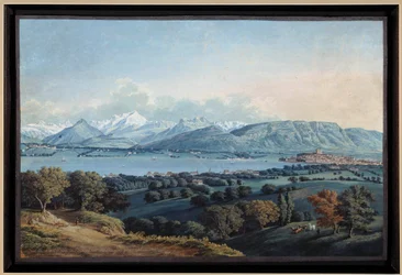 Utsikt över Genève med Lemansjön och Mont Blanc akvarell av Karl Hackert (1740-1800) Privat samling från 1800-talet