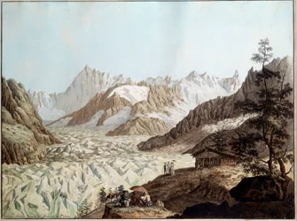Utsikt över ishavet av Mount Avert nära Chamonix i Alperna Illustration av Karl Hackert (1740-1800) (ec.all.) 1781 Frankfurt. Stadelsches Kunstinstitut