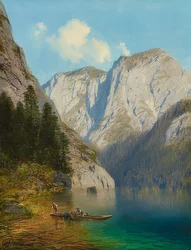 Fiskare i båten på stranden av en fjällsjö. 1882