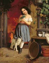 En ung flicka med en katt, 1866 olja på duk