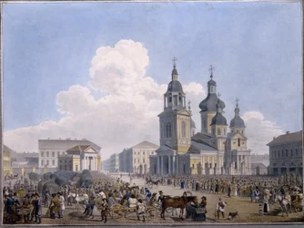 Hay-market Place och Assumption Church i Sankt Petersburg - Verk av Karl Petrovich Beggrov (1799-1875), akvarell på papper (10,3x15,1 cm), 1820-1830 - State Russi