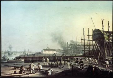 Amiralitetsvarvet i Sankt Petersburg (Saint-Petersburg). (Amiralitetets marinvarv i Sankt Petersburg). Målning av Karl Petrovich Beggrov (1799-1875). Olja på duk, rysk konst från 1800-talet. Ryska statens museum, Sankt Petersburg.