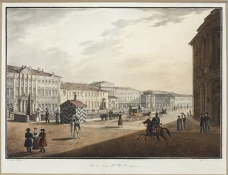 Utsikt över Moika-vallen nära Polisbron - Karl Petrovich Beggrov (1799-1875). Litografi, akvarell