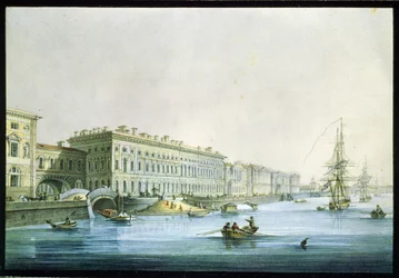 Utsikt över palatsvallen i St Petersburg. Målning av Karl Petrovich Beggrov (1799-1875). Akvarell och tusch på papper, ca 1830, rysk konst från 1800-talet, klassicism. Ryska statens museum, Saint Pet