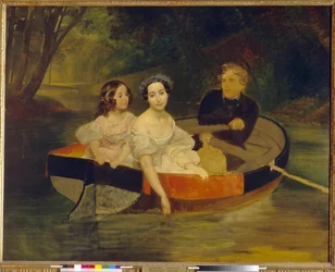 Självporträtt med baronessan Yekaterina Meller Zakomelskaya (Meller-Zakomelskaya) och hennes dotter i en båt. Målning av Karl Pavlovich Briullov (Bryullov) (1799-1852), olja på duk