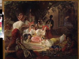 The Fountain of Bahcesaray (Turkiet) (The Fountain of Bahcesaray). Kvinnor i ett harem som leker med vatten från en fontän i en guldfiskdamm Målning av Karl Pavlovich Briullov (Briullov) (1799-1852). Olja på duk