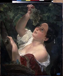 Italiensk middag (italiensk middag). Ung kvinna, bar axel, plockar en klase av druvor - Målning av Karl Pavlovich Briullov (Briullov) (1799-1852) - Olja på duk