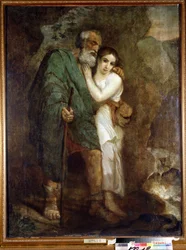 ""Oidipus och Antigone"" Den unga flickan hjälper sin gamla blinda far att gå. Målning av Karl Pavlovich Briullov (Bryullov) (1799-1852) 1821 Statens konstmuseum, Tyumen