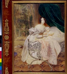 Porträtt av Maria Butevena med hennes dotter Maria (Porträtt av Maria Buteneva med dotter Maria) - Verk av Karl Pavlovich Briullov (Brioullov) (1799-1852), akvarell på papper