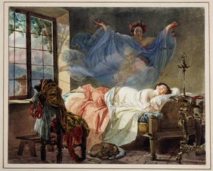Drömmar om en ung flicka vid gryningen - Verk av Karl Pavlovich Briullov (Brioullov) (1799-1852) - Akvarell på kartong