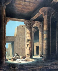 Interiör från templet i Philae". Litografi efter Karl Richard Lepsius (1810-1884), preussisk egyptolog. Kolonner i templet för Isis, huvudgudinna i det forntida Egypten, syster och hustru till Osiris.