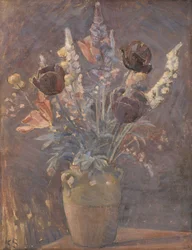Lervas med tulpaner och andra blommor
