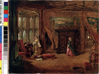 Interiör scen. Målning av Karl Zimmermann (1796-1820). Olja på duk, 37,7 x 56 cm. Tysk konst från 1800-talet. Statens M.K. Ciurlionis konstmuseum, Kaunas (Litauen).