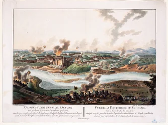 Belägringen av Khotyn (Chocim, Chotyn, Hotin, Choczim ou Khotine, Ukraina) 1788 - Schuetz, Carl (1745-1800) - 1788 - Kopparstick, akvarell - 36,6x48,3 - Privat samling