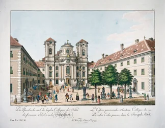 Vy över Piaristenplatz och kyrkan "Maria Treu" (gravyr)