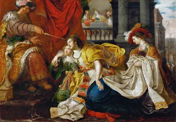Barock: Esther devant Assuerus - Esther före Ahasverus par Van den Hoecke, Gaspar (ca 1585-efter 1648). Olja på duk. Konsthistoriska museet, Wien