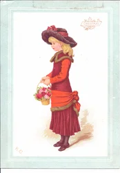 Ett viktorianskt gratulationskort av ett barn klätt i regentskapskläder, c.1880