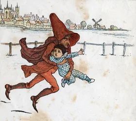 En leprechaun tar ett litet barn. Illustration av Kate Greenaway (1846-1901) från barnsagoboken "" Under The Window"" (1879), redigerad av Edmund Evans.