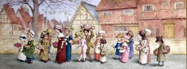 Procession av sexton barn som bär blommor, ca 1876 (akvarell på papper)